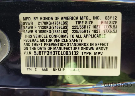 2012 Honda Crosstour 2.4 Ex from USA, damaged, VIN 5J6TF3H37CL003132